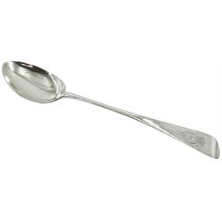 Victorian Irish silver Old English pattern basting spoon, the terminal engraved with regimental crest of the Royal Inniskilling Fusiliers 'Nec Aspera Terrent' (By Difficulties Undaunted), hallmarked Dublin 1860, makers mark partly worn and indistinct, L30cm, approximate weight 4.13 ozt (128.5 grams)