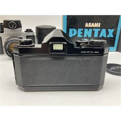 Asahi Pentax S1a camera body, serial no. 707071, with 'Super-Takumar 1:1.8/55' lens, serial no 2124044, together with Asahi Pentax Sv camera body, no. 1925617 with 'Super-Takumar 1:2/55' lens, serial no. 2770153, Asahi Pentax Meter, 'Super-Takumar 1:3.5/28' lens, serial no. 2075492 and 'Super-Takumar 1:4/150' lens, serial no. 1461613  
