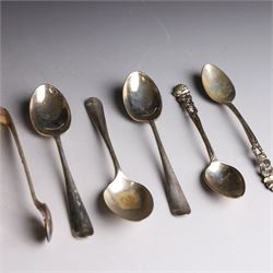 Set of six continental 800 silver coffee spoons with pierced rose design finials, stamped 800 verso, together with a cased set of six teaspoons and sugar tongs, with rattail bowls and engraved initials verso, hallmarked Cooper Brothers & Sons Ltd, Sheffield 1912, 