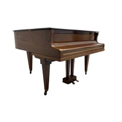  Antonin Petrof - Walnut overstrung baby grand piano, 7 0catve 85 key compass with original strings, tuning pins, damper felts and hammer heads, with roller keyboard action and iron frame, sustaining and una-corda pedals, sliding open lattice music desk, supported on square tapering legs with brass cups and castors, with inner ebonised key fall and ivorine label inscribed 'Supplied by Harrods, London'.