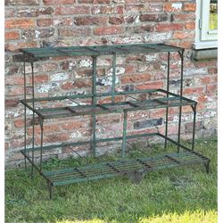 Vintage green painted steel three tier plant stand. H72cm, W100cm, D61cm. 