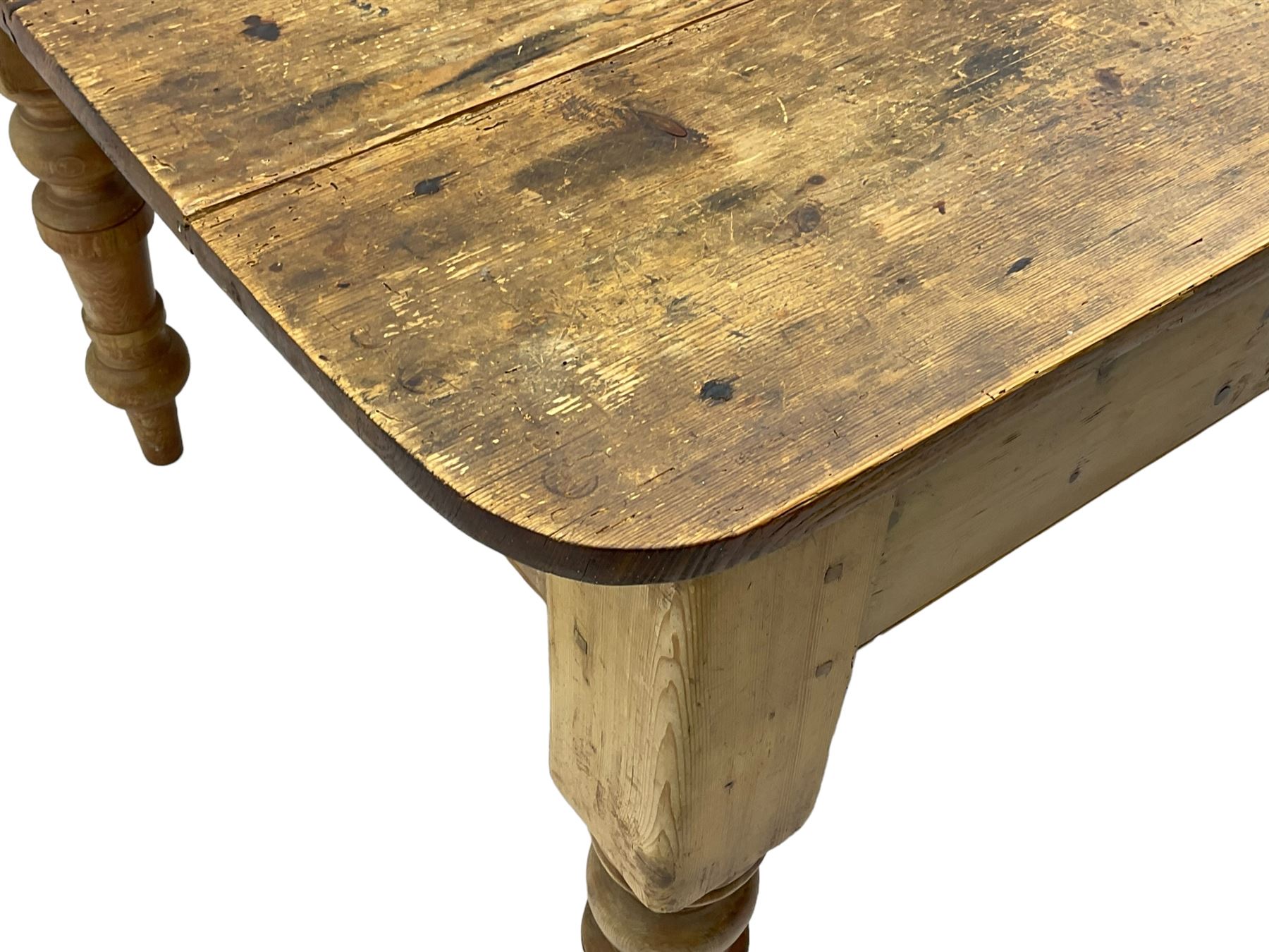 Victorian pine farmhouse dining table, rectangular plank top with rounded corners, on turned supports 