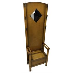 Early 20th century oak hallstand, fitted with mirror and hooks, hinged box seat 