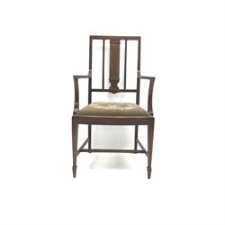 Edwardian inlaid mahogany armchair, drop in needlework seat, square tapering supports on spade feet, W55cm