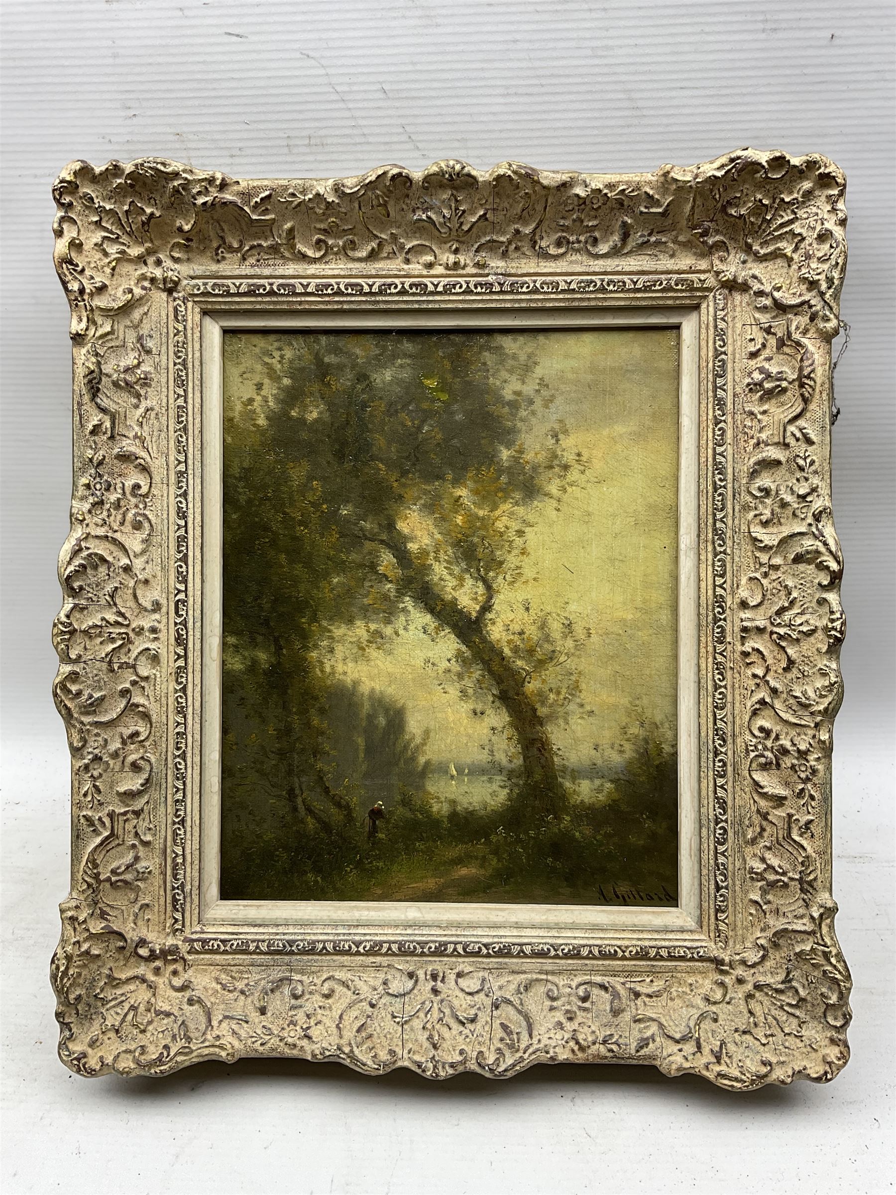 A Gillard (French 19th Century): Figure Foraging by a Shoreline, oil on canvas signed 25cm x 20cm 