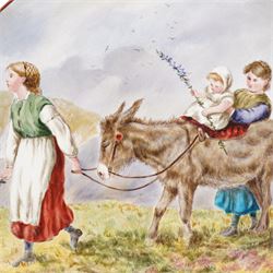 Victorian charger with hand painted decoration, depicting children leading a donkey, signed E L McMunn and dated 18*6 verso, D42cm