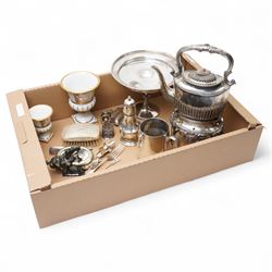 Silver backed hairbrush and comb, plated spirit kettle, other plated items, two Portuguese vases etc