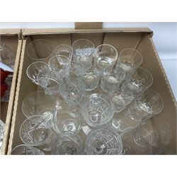 Four boxes of glassware to include painted vases, jugs, drinking glasses, art glass vase etc