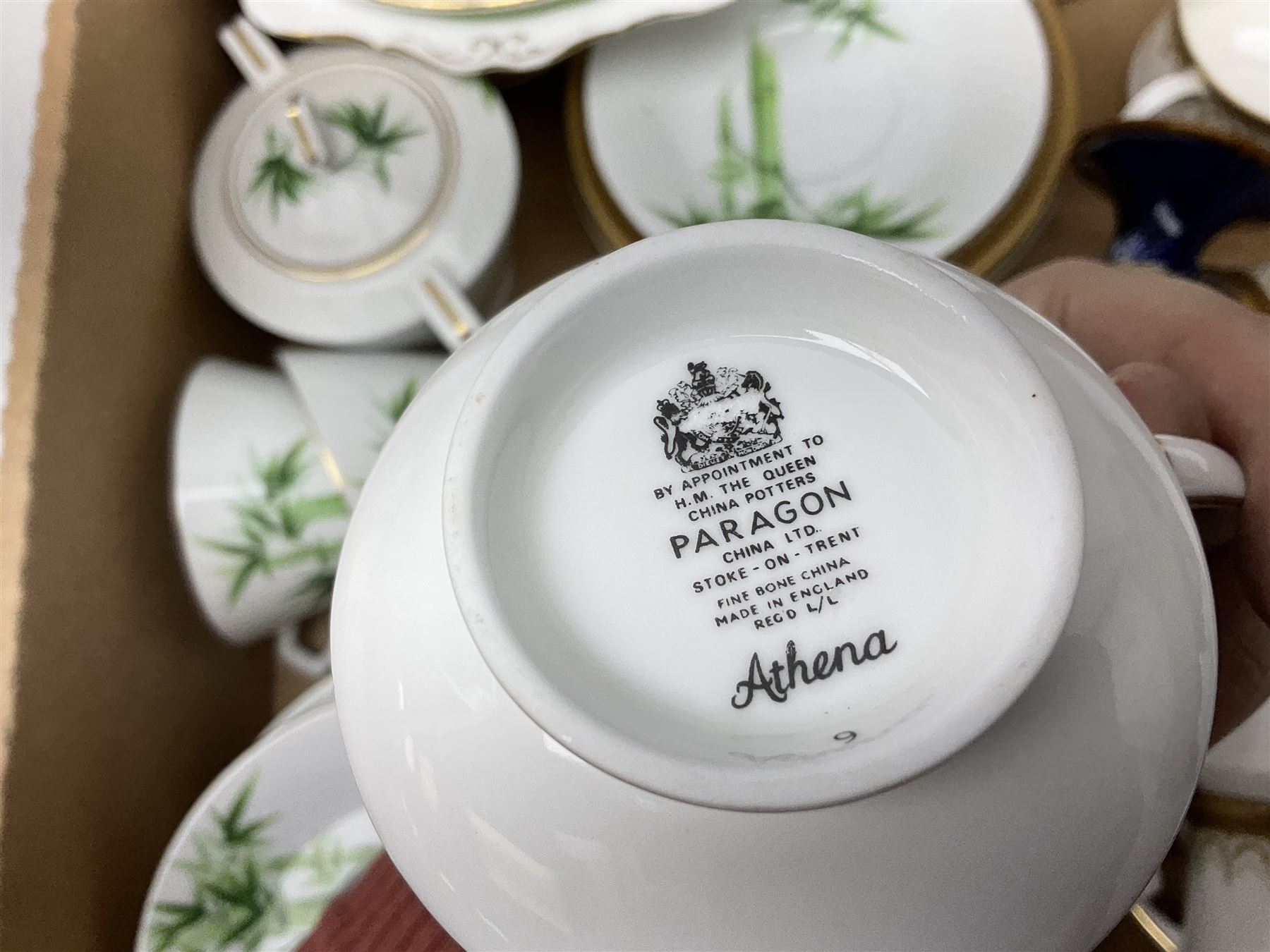 Doulton Lambeth Slaters vase of baluster form decorated with flowers, Chinese ginger jar in the form of a pumpkin, three Le Creuset red ramekins, Hornsea, Paragon Athena pattern tea wares, jardinière and other ceramics in two boxes 