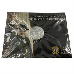 Five The Royal Mint United Kingdom 2015 'Sir Winston Churchill' twenty pounds fine silver coins, all on cards