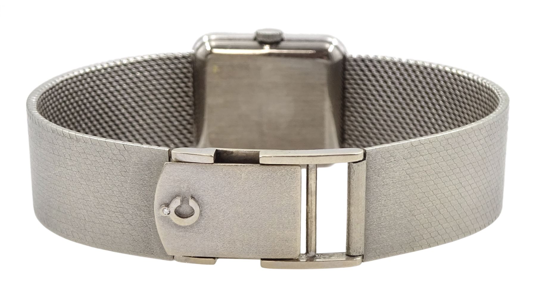 Tiffany & Co ladies 18ct white gold manual wind wristwatch, movement by Chopard, diamond and sapphire bezel, case stamped 18K with Helvetia hallmark, on 18ct white gold integral bracelet, stamped 750