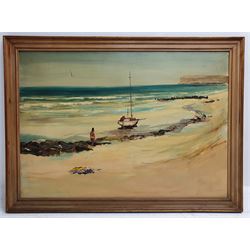 Hayes (British 20th century): 'East Coast Beach', oil on board, indistinctly signed titled and dated '65 verso, 90cm x 127cm