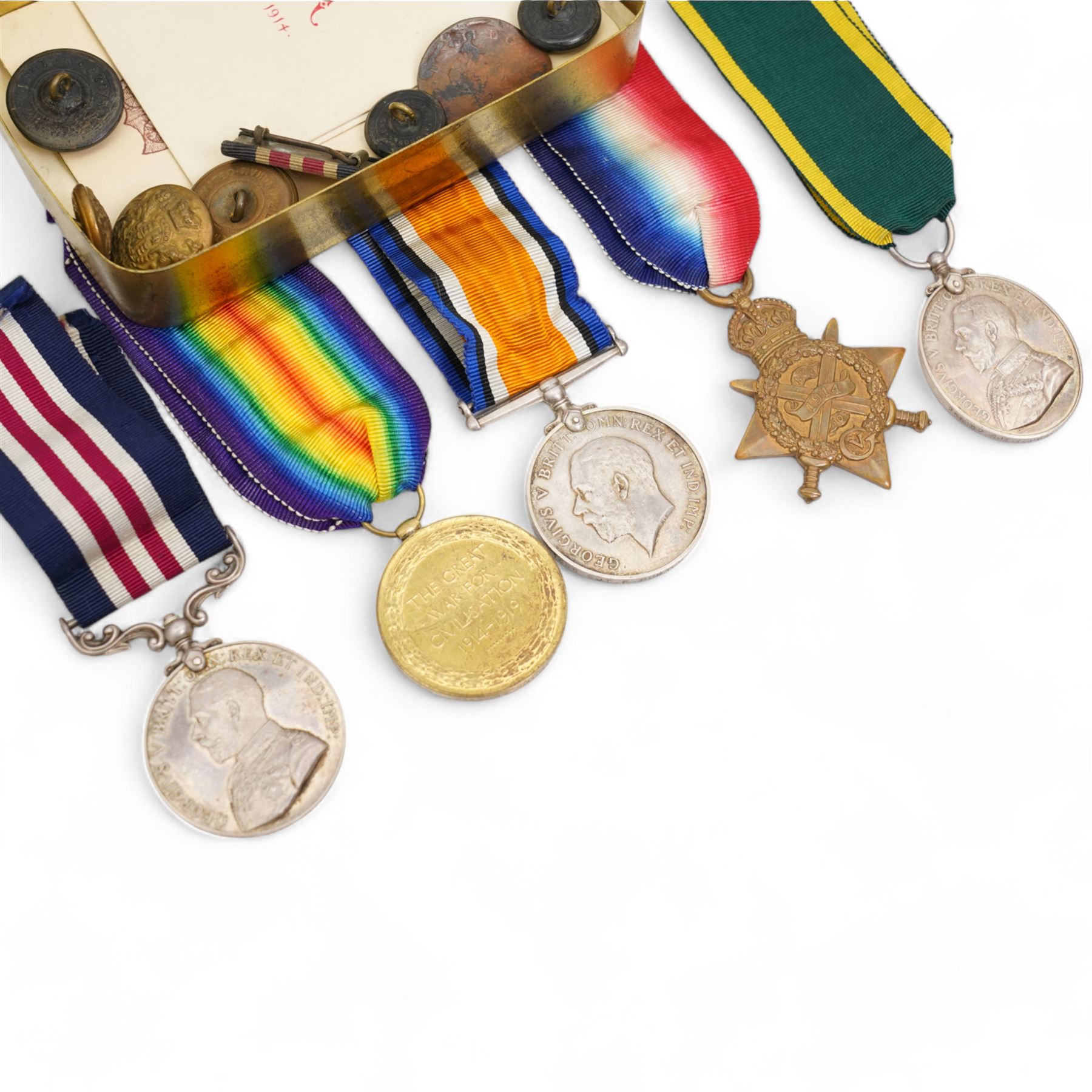 Group of WWI medals to 1686 Cpl F Porter Leic. Yeo. including War, Victory and Military medals and Territorial Efficiency Medal in Princess Mary gift tin with disembodied certificate as Sergeant 1919 etc