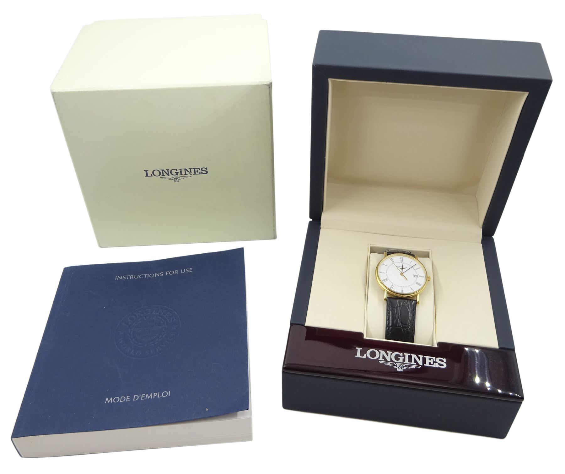 Longines Présence gentleman's 18ct gold quartz wristwatch, Ref. L4.743.6, white dial with date aperture, on original black leather strap, boxed with warranty card dated 2012