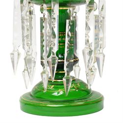 Pair of Victorian green glass mantle vases decorated with flowers in gilt and hung with spear cut lustre drops, H35cm (2)