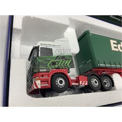 Corgi Eddie Stobart - two special edition Hauliers of Renown; CC13754 Scania R Facelift Box Step Frame Trailer and CC13756 Scania R (Rear Tag) Moving Floor Trailer; and limited edition Hauliers of Renown CC13747 Scania R (Face Lift) Super Curtainside Trailer; all boxed (3)