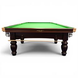 Riley England - full size snooker table, traditional timber framed table fitted with green baize cloth, leather drop pockets, turned legs with stretcher bars, slate bed; with accessories to include, cues and stand, rests, ball, iron, brush and cover