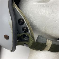 Silver grey SPH-4B Flight Helmet as used by helicopter pilots in the USAF and US Army in the 1990s; made of epoxy resin reinforced fibreglass; fitted with clear and tinted visors and complete with an M-87A/AIC boom mike; original condition and bench tested.