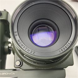 Zenza Bronica ETRS camera body, safari edition, serial no. 7100811, with 'Zenza Bronica Zenzanon EII 1:2.8 f=75mm' lens, serial no. 7908591, film magazine back, safari, serial no. 8100564, AE-ii metering head, safari, serial no. 617024, etc, all in leather case