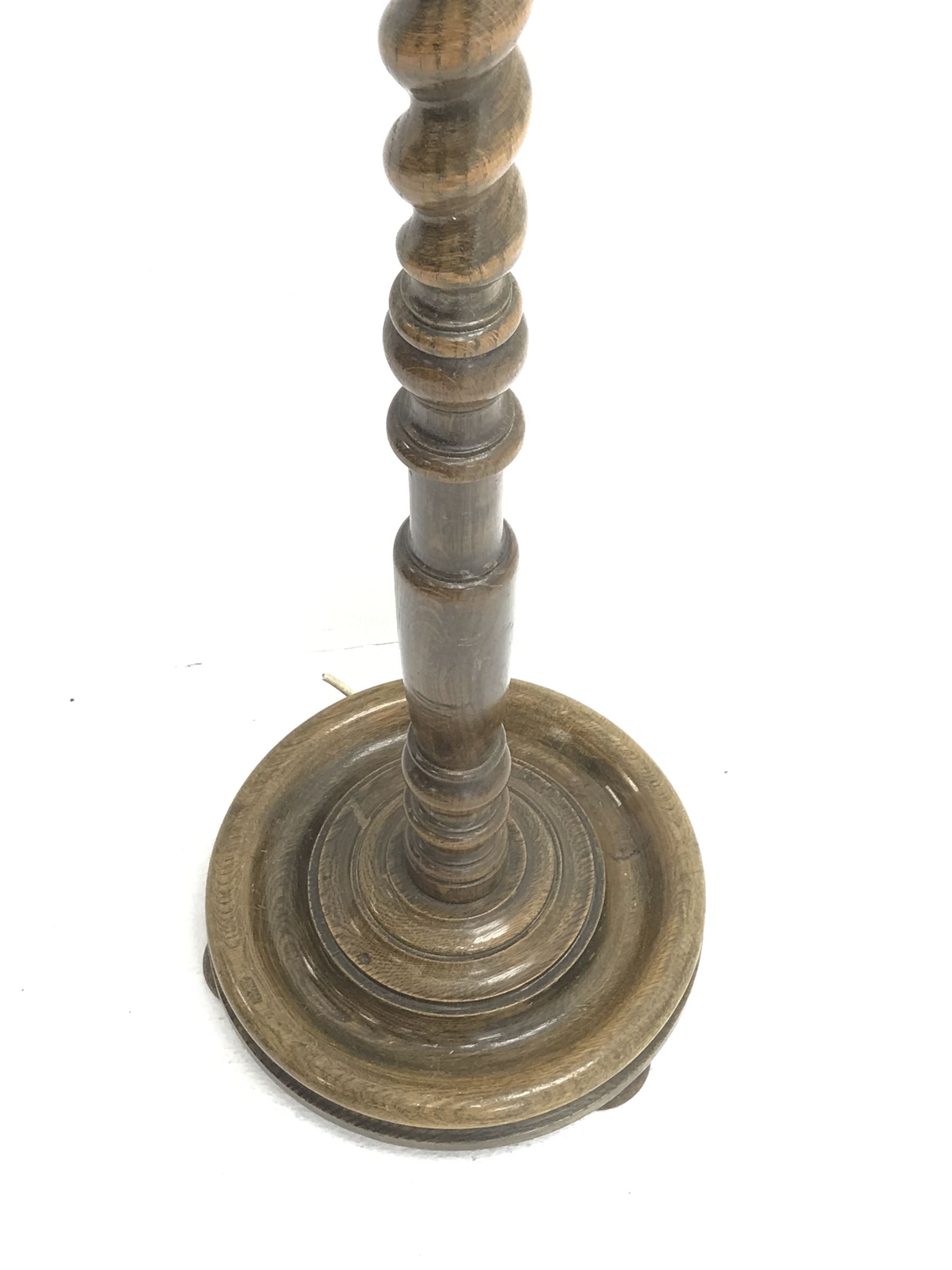 *20th century oak barley twist standard lamp with shade, H145cm (measurement excluding shade and fitting)