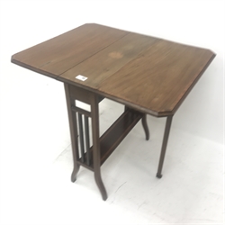 Edwardian inlaid drop leaf Sutherland table, square shaped supports, W68cm, H63cm, D55cm