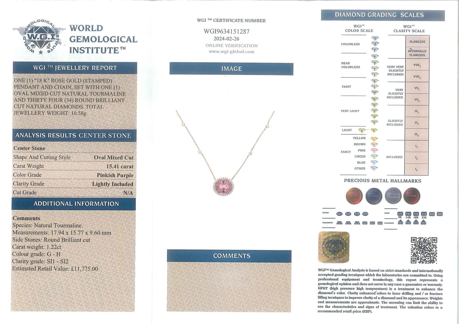 18ct rose gold pink tourmaline and diamond pendant necklace, oval cut tourmaline of 15.41 carat, surrounded by round brilliant cut diamonds, to a trace link chain necklace set with four diamonds, stamped 750, total diamond weight 1.22 carat, with World Gemological Institute report