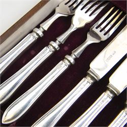 Mid 20th century silver canteen of Sandringham pattern cutlery for six place settings, comprising table spoons, table forks, silver handled table knives with stainless steel blades, dessert spoons, dessert forks, silver handled dessert knives with stainless steel blades, teaspoons, coffee spoons, silver handled fish knives and fish forks with silver blades, hallmarked Viner's Ltd, Sheffield 1955, contained in a wooden canteen with single drawer
