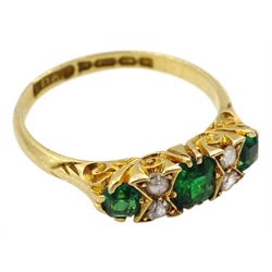 Edwardian 18ct gold three stone emerald and four stone rose cut diamond ring, Birmingham 1908