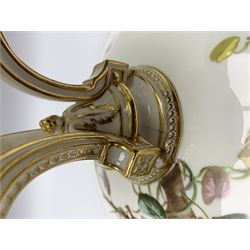 19th century Minton dessert service, comprising four comports, one tazza, and twelve plates, each hand painted with birds perched upon branches, and further detailed with insects and heightened in gilt, with printed retailers mark beneath for John Mortlock Oxford Street London, and impressed Minton mark to most, comport H13.5cm, plates D23.5cm. 
