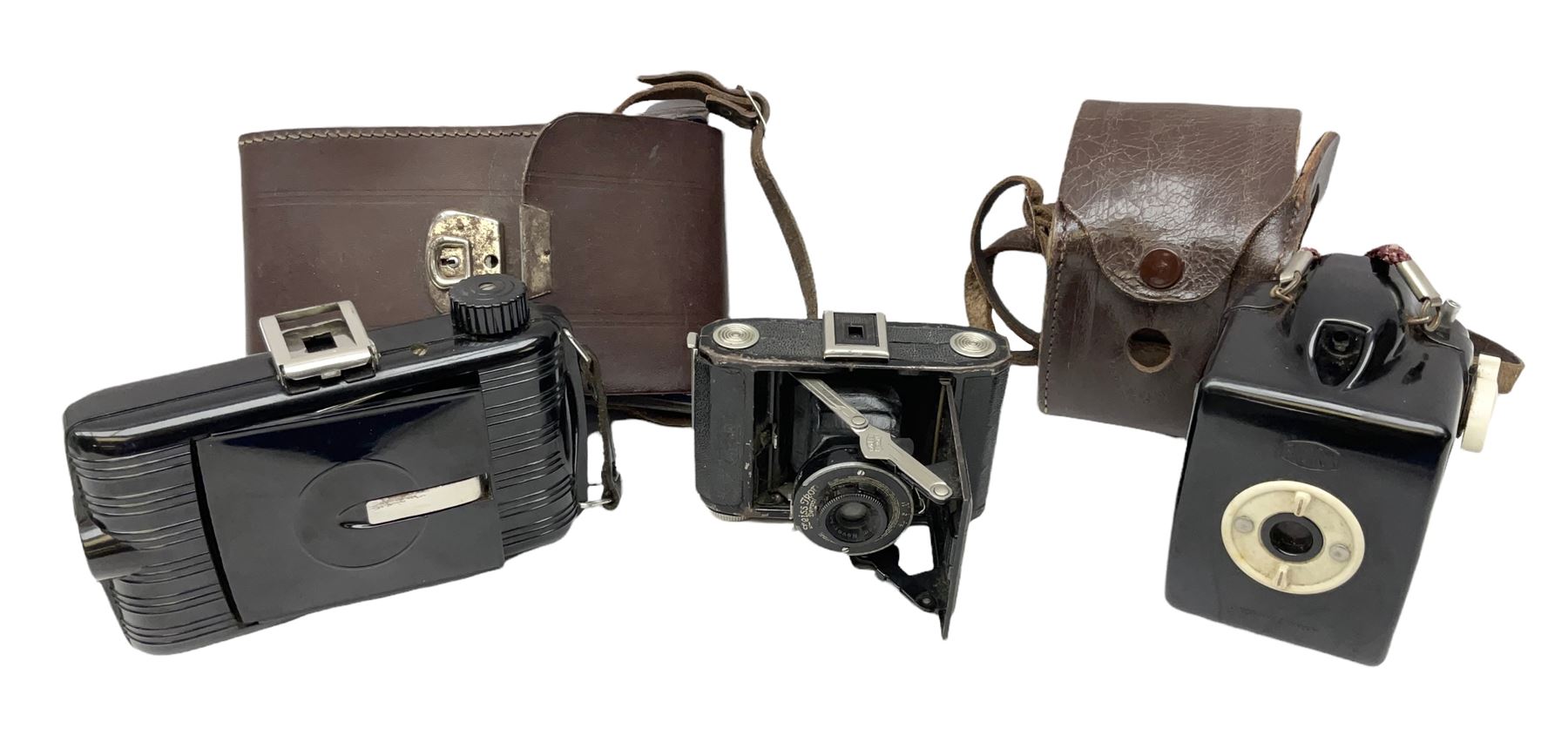 Bilora Boy Box Camera, with leather case, together with Zeiss Ikonta folding camera and another similar example 