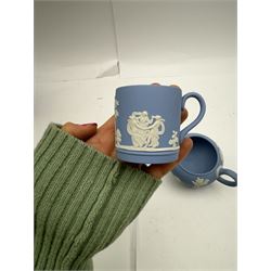 Wedgwood Jasperware tea and coffee wares, comprising teapot, coffee pot, milk jug, covered sucrier, coffee can and saucer and teacup and saucer 