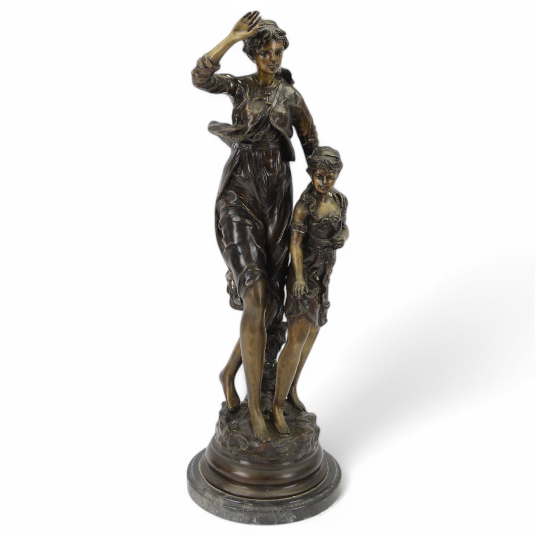 After Hippolyte Francois Moreau (1832-1926), bronzed figure of a a woman and child, signed to base, upon black marble effect plinth, H68cm