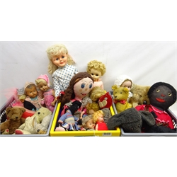  Large collection of vintage stuffed animals and dolls incl. 1966 Barbie doll, plush straw filled teddy bear, cloth dolls, knitted teddies etc in three boxes  
