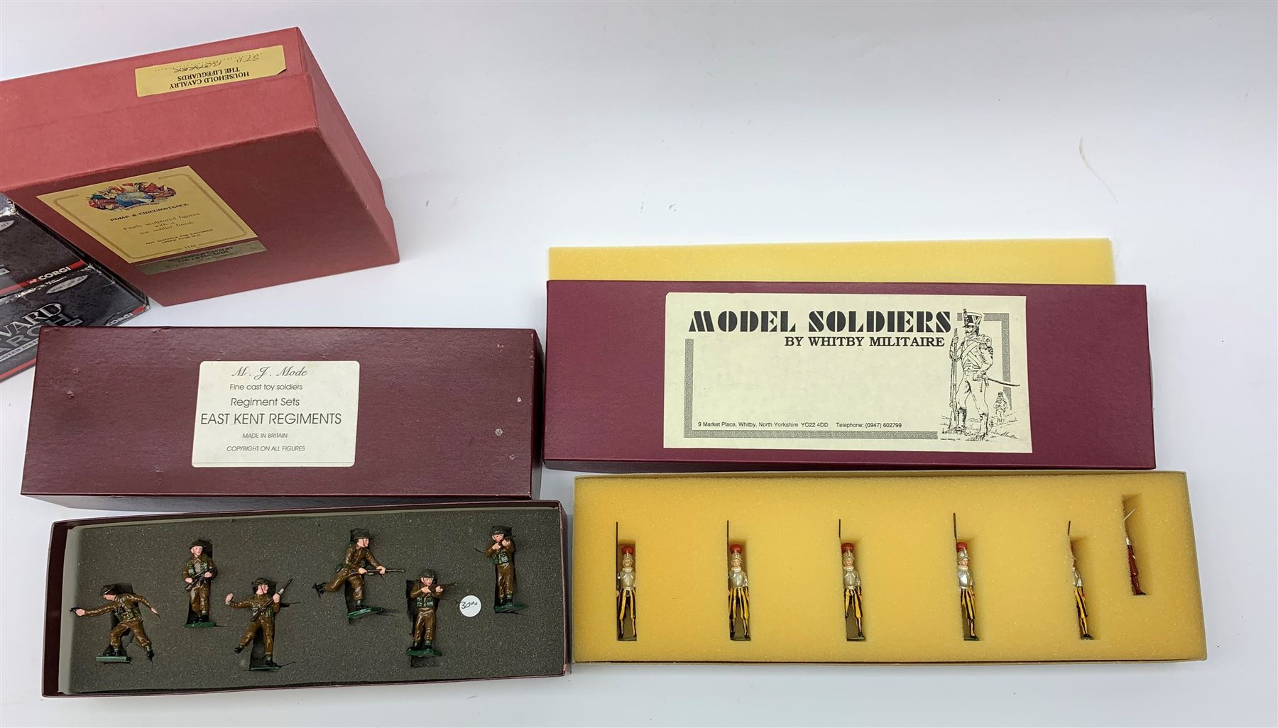 Various makers metal figures including M.J. Mode East Kent Regiment; Whitby Militaire Swiss Guards; HM Household Cavalry The Lifeguards Standard Bearer; Little Lead Londoners Coldstream Guards Band; Good Soldiers Dad's Army; and two Corgi Forward March figures; all mint and boxed; and a quantity of unboxed figures including Sherlock Holmes & Dr. Watson, Darth Vader etc