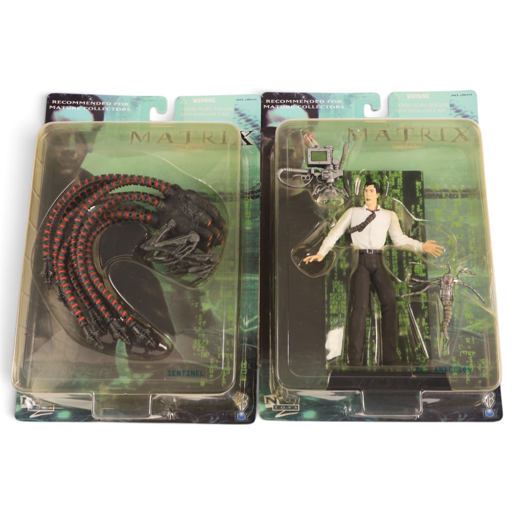 Six N Toys The Matrix action figures, comprising Tank, Agent Smith, Mr Anderson, Sentinel, and two Trinity versions, together with two unboxed The Matrix figures