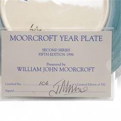 Moorcroft plates, to include the 1996 Year Plate limited edition number 106/500, with certificate, and two Brambles pattern plates, each with impressed and painted marks to base, D22cm (3)
