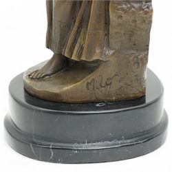Bronze figure of an Egyptian lady wearing a shendyt, signed Milo and with foundry mark, H25cm 