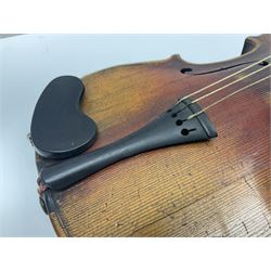 Late 19th century French three-quarter size 'Conservatory' violin with 34cm two-piece maple back and ribs and spruce top, the peg box inscribed 'Conservatory Violin Straduari', bears label 'Antonius Stradiuarius Cremonensis Faciebat Anno 1721' L55.5cm overall; in ebonised wooden 'coffin' case; and Saxony violin c1900 with 36cm two-piece maple back and ribs and spruce top; bears label 'Antonius Stradivarius Cremonensis Faciebat Anno 17**' L59cm overall; in carrying case (2)