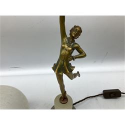 Art Deco spelter table lamp, modelled as a dancing girl in period dress holding aloft a frosted crackle glass globe, on a stepped cylindrical base, H52cm