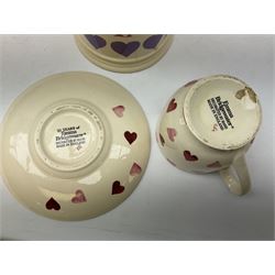 Collection of Emma Bridgewater spongeware ceramics, to include Pink Hearts pattern teapot, milk bottle vase, teacup and saucers, Love & Kisses sugar shaker and large 'I love you more than Marlon Brando' mug, British Birds and Black and White pattern mugs, etc, all with printed marks beneath, tallest H21.5cm