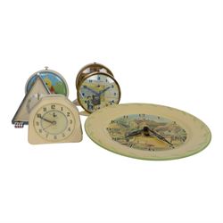 Three Smiths children's alarm clocks, including Noddy, two school adding clocks, Smiths ceramic plate wall clock, Francis Early Bird clock and an Art Deco triangular clock