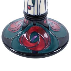 Moorcroft Tribute To Charles Rennie Mackintosh jug and candlestick, designed by Rachel Bishop, jug H24cm
