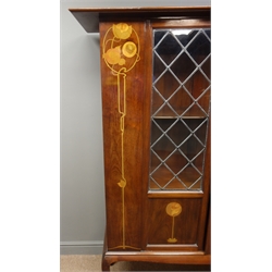  Art Nouveau inlaid display cabinet, projecting cornice, lead glazed doors, shaped apron, cabriole legs, W138cm, H170cm, D44cm  