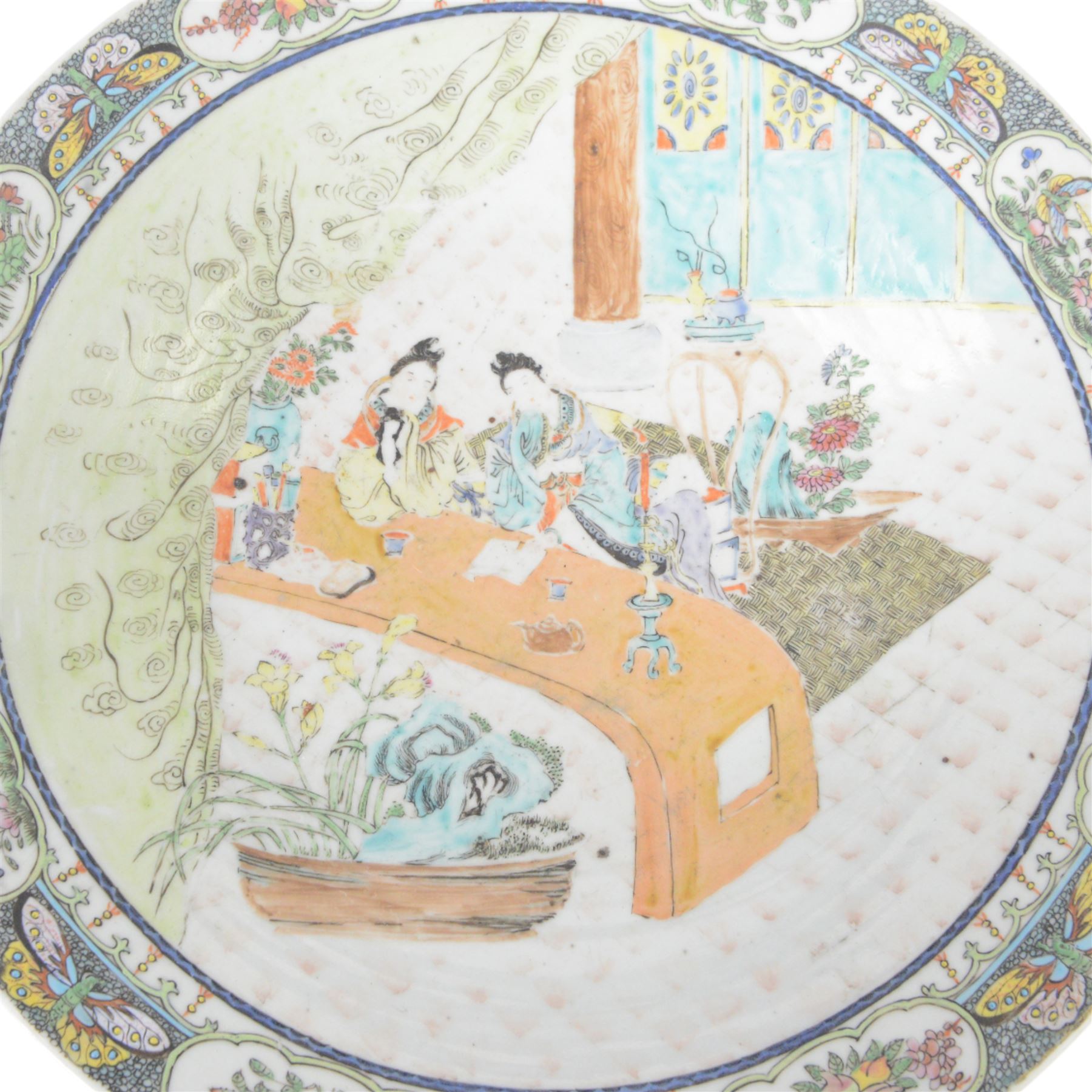 19th century Chinese Canton charger, decorated in polychrome enamels with figures to centre, bordered with panels of flowers and butterflies, D34cm