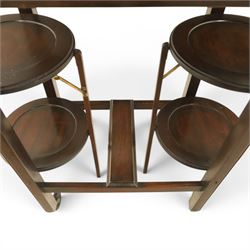 Early 20th century side table with double cake stand, rectangular moulded top, cake stands either side with support, raised on square legs terminating in castors