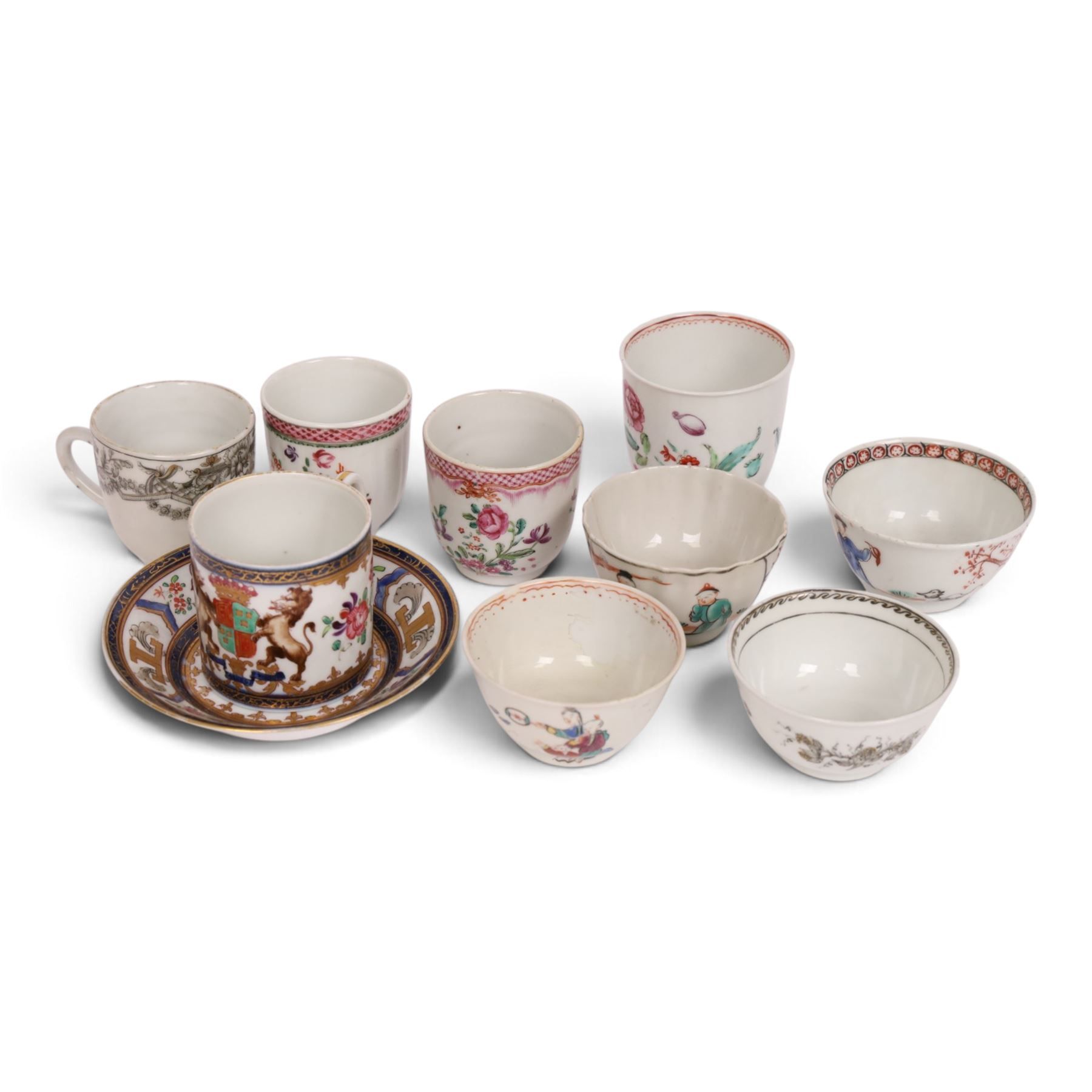 18th century Chinese export grisaille cup, decorated with Juno, the Roman Goddess of marriage together with another grisaille tea bowl and other tea bowls and cups