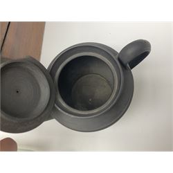 Victorian glass rolling pin, black basalt teapot, mother of pearl box with foliate engraving and sliding lid, and a wooden writing slope, with purple velvet interior, writing slope H14cm