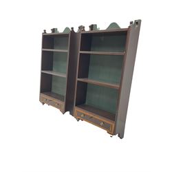 Pair of mahogany wall hanging shelf units, three shelves with single drawer to base