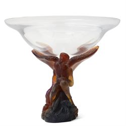 Daum 'Kneeling Angel', glass bowl held aloft by a pate de verre figure, incised Daum France, boxed, H28cm 