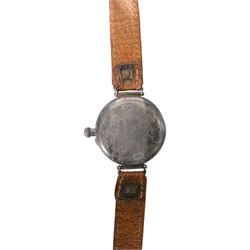 Silver cased trench watch enamel dial with Roman numerals, red XII, Longines movement, used in the Boer war, inscribed to the back 'E M Everitt From W.E Everitt 1882' 